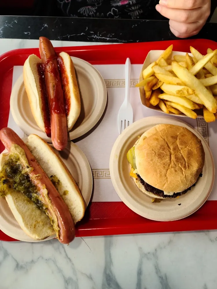 Hotdog with Ketchup Hotdog with Relish and Mustard and a Cheeseburger